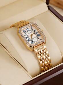 1pc/Set Creative Women's Roman Numeral Small Dial Square Metal Chain Quartz Steel Band Watch, Suitable For Daily Matching, Birthday, Women's Gift, Anniversary, Year-End Promotion, Singles' Day, Halloween Promotion And Other Holiday Gifts - Gold - View 3