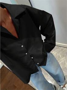 黑色长袖纽扣休闲优雅复古时尚衬衫女式上衣，春夏款，适合节日、情人节等场合穿着。 - 黑色 - 查看 5