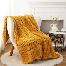 Mustard Yellow Chunky Knit Throw Blanket, Soft Thick Chenille Blanket,Handmade Cable Knit Crochet Blanket For Living Room Decor,50"X60" - 芥末 - 查看 4