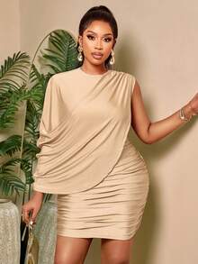 BIUBIU Plus Size Beige Elegant Party Dress - Draped Sleeveless Ruched Bodycon Mini Dress Suitable For Summer Vacation And Events - Apricot - View 7