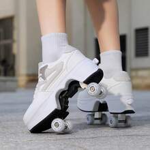 1 Pair Street Style 4-Wheel Inline Skates, PU Wheels Roller Skates, Retractable Lace-Up Roller Shoes For Teens & Adults - Khaki - View 7