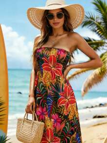 Đầm hai dây không dây phối hoa cho nữ, kiểu dáng thanh lịch, thích hợp mặc đi biển mùa hè. - màu đen - Xem 6