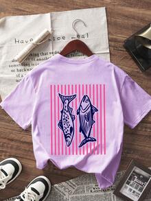 Tween Girls Tropical Print Short Sleeve T-Shirt, Comfortable & Fashionable Summer Top For Young Students - Purple - View 3