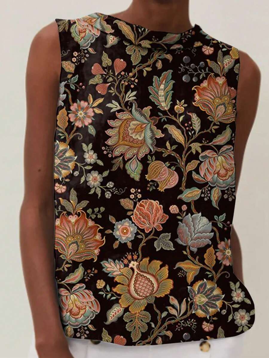 Women's Vintage Floral Print Shirt Round Neck Sleeveless Top - Nhiều màu - Xem 1