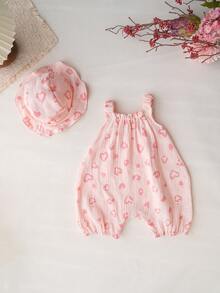 新款夏季连体衣和帽子套装，女婴印花舒适套装，柔软棉纱套装 - 粉色 - 查看 5