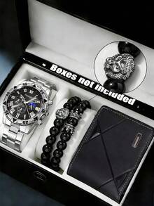 Bộ 3 món phụ kiện bạc nam phong cách mạnh mẽ, bao gồm 1 đồng hồ thạch anh số La Mã màu đen, 1 vòng tay hạt cườm hình đầu sư tử màu bạc và đen, và 1 ví da họa tiết hình học màu đen với khóa kim loại bạc. Thiết kế nổi bật và chắc chắn, toát lên vẻ quyến rũ thời trang. Thích hợp cho năm mới, công sở và nhiều dịp khác nhau. - Bạc - Xem 3
