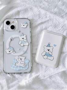 1pc Transparent Magnetic Blue Sleeping Bear Phone Case + Magnetic PU Leather Card Holder TPU Shockproof Phone Case Suitable For IPhone11/12/13/14/15/16/17/PROMAX - Clear - View 1