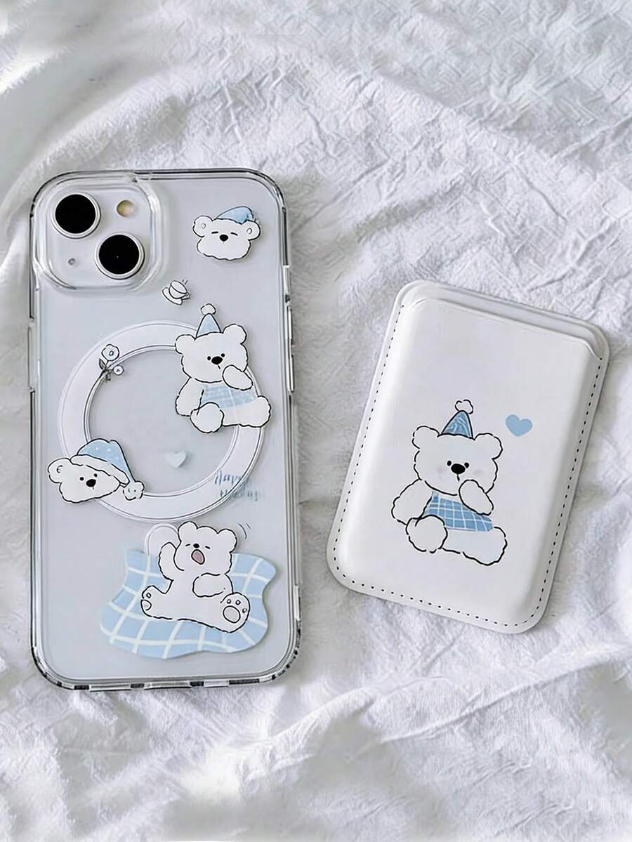 1pc Transparent Magnetic Blue Sleeping Bear Phone Case + Magnetic PU Leather Card Holder TPU Shockproof Phone Case Suitable For IPhone11/12/13/14/15/16/17/PROMAX - Clear - View 1