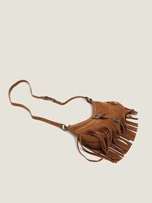 1 Piece Of Women's Bag, Brown, Retro Tassel Crescent Bag, Bohemian Style Crescent Bag, Western Style Tassel Shoulder Bag, Retro Brown Crossbody Bag, Women's Shoulder Bag - Brown - View 3