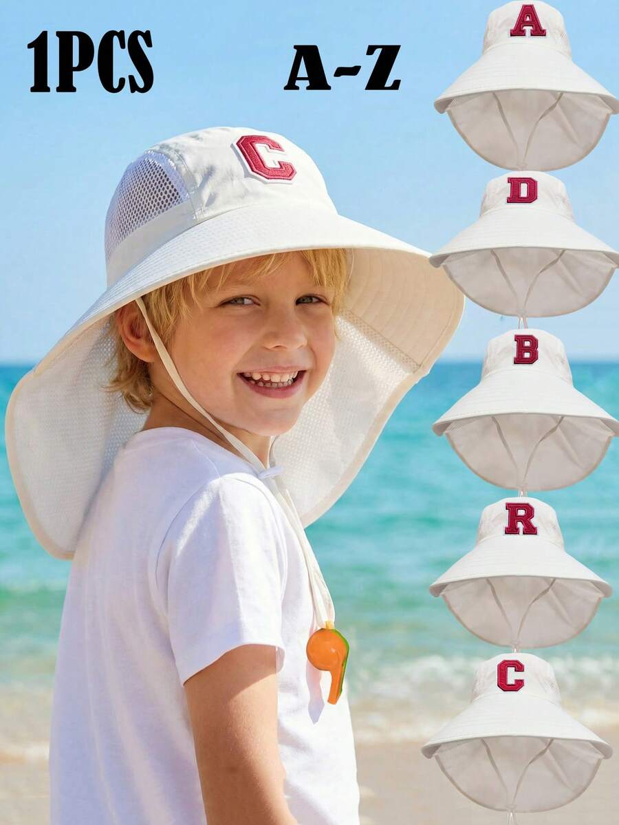 1 pieza Sombrero de chal con bordado de letras A-Z 26, gorra con bordado de letras, sombrero de sol de ala ancha y malla transpirable, silbato, color aleatorio - 1PC - Ver 1