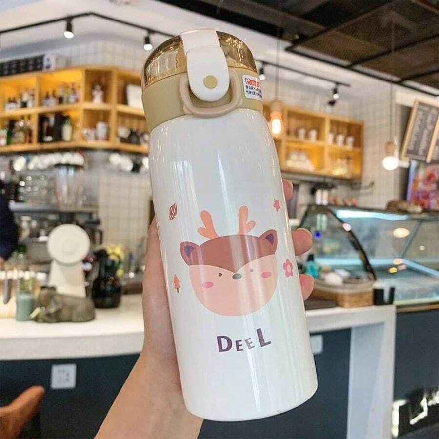 Children's Thermal Bottle With Straw, Stainless Steel, Vacuum Filled, For Water Or Juice, Sheep Color - Beige - View 1