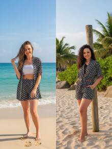 Women's Kimono/Shorts With Matching Bottom, Casual, Cute, Boho, Openwork Fabric, Button, Beach, Vacation. - 黑色 - 查看 5