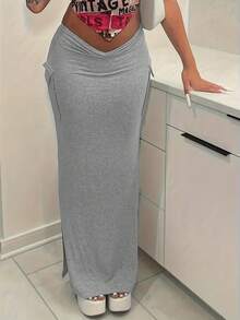 Rok Midi Lurus Kasual Wanita Warna Polos dengan Desain Lipit dan Kantong Kargo - Grey - View 2