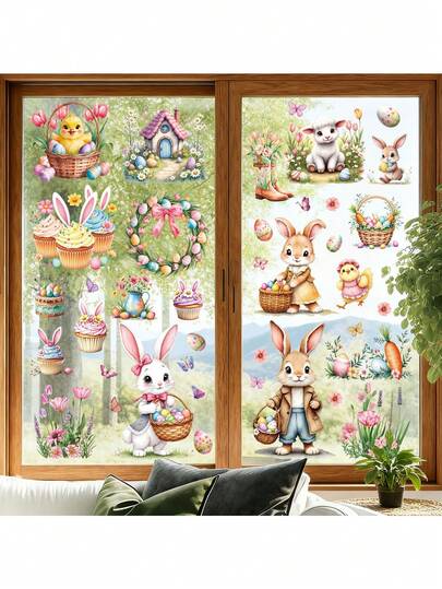 1/9 Sheets Easter Bunny Egg Static Cling Window Stickers, Watercolor Easter Bunny & Egg Decor Stickers, Pink & Green, Suitable For Windows, Fridges, Home Party & Store Decoration, Popular Cross-Border Easter Supplies