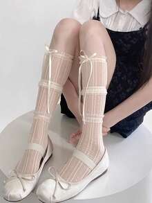 1双春夏日系蕾丝蝴蝶结洛丽塔袜，薄纱芭蕾舞袜，Y2K花卉蕾丝网眼白/黑/米色过膝袜，精致女性美感中筒袜 - 彩色 - 查看 12