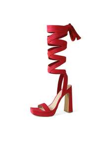 Women's Strappy High Chunky Platform Square Toe Heel Pump Dress Party Sandals - 紅色 - 查看 1