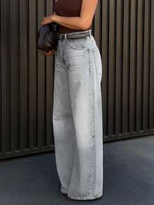 女士灰色直筒牛仔裤 Y2K 休闲水洗宽松牛仔裤 优雅复古直筒裤，2026 夏季款。 - 淺灰色 - 查看 2