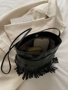 New Solid Color Fashion Tassel Women Handbag, Large Capacity Shoulder Diagonal Bucket Bag - Black - View 4