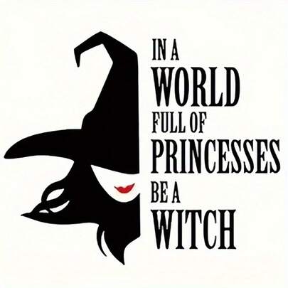 1张万圣节女巫熨烫贴纸 - “在公主遍地的世界里，做个女巫吧”设计，黑白可水洗DIY贴纸，适用于T恤、牛仔裤、毛衣、包包、枕头、节日服装配饰，营造诡异的装饰效果，女巫风格配饰