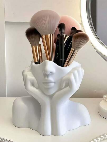 Makeup Organizer Storage Box + Multi-Functional Art Supplies Pen Holder, Decorative For Office, Home, Living Room, Vanity, Desk, Bathroom, Desk Storage, Versatile Gift For Family, Colleagues And Couples, White, Makeup Organizer, Vase, Bouquet, Vanity Makeup Brush Holder (12.5cm*11.2cm)