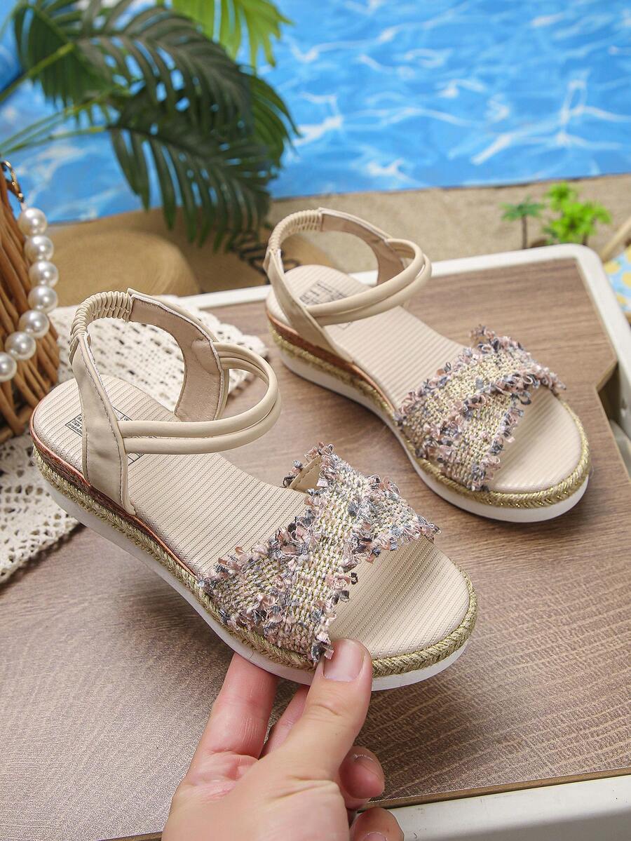 1 đôi sandal cao gót thời trang mùa hè cho bé gái, kiểu dáng tối giản với quai chéo đan tua rua, đế dày, thích hợp cho kỳ nghỉ, mặc hàng ngày, đi biển, sandal gót chunky đa năng. - Màu Lilac Tím - Xem 1