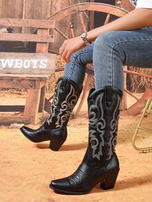 西部风格TPU刺绣系带侧拉链时尚靴，适合度假和所有季节 - 黑色 - 查看 14