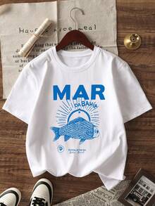 1 pieza Camiseta de manga corta de cuello redondo con estampado de conchas y peces, ropa de verano casual para estudiantes jóvenes - Blanco - Ver 2