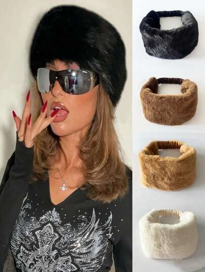 1pc Faux Fur Wide Elastic Headband, Warm & Windproof Winter Headwear For Women Fashion Hair Accessories Women Hair Band