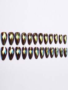 24pcs Almond Holographic Mirror 3D Diamond Cut Futuristic Luxury Press-On Reusable False Nails, Includes 1pc Jelly Gel And 1pc Nail File - Multicolor - View 4