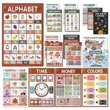 18 Boho Educational Posters For Toddlers 1-6, Kindergarten Preschool Classroom Must Haves, Homeschool Classroom Wall Decor, Kid Learning Poster Charts Includes Alphabet ABC, Numbers 1-100, Shapes, Colors, Map - Multicolor - View 9