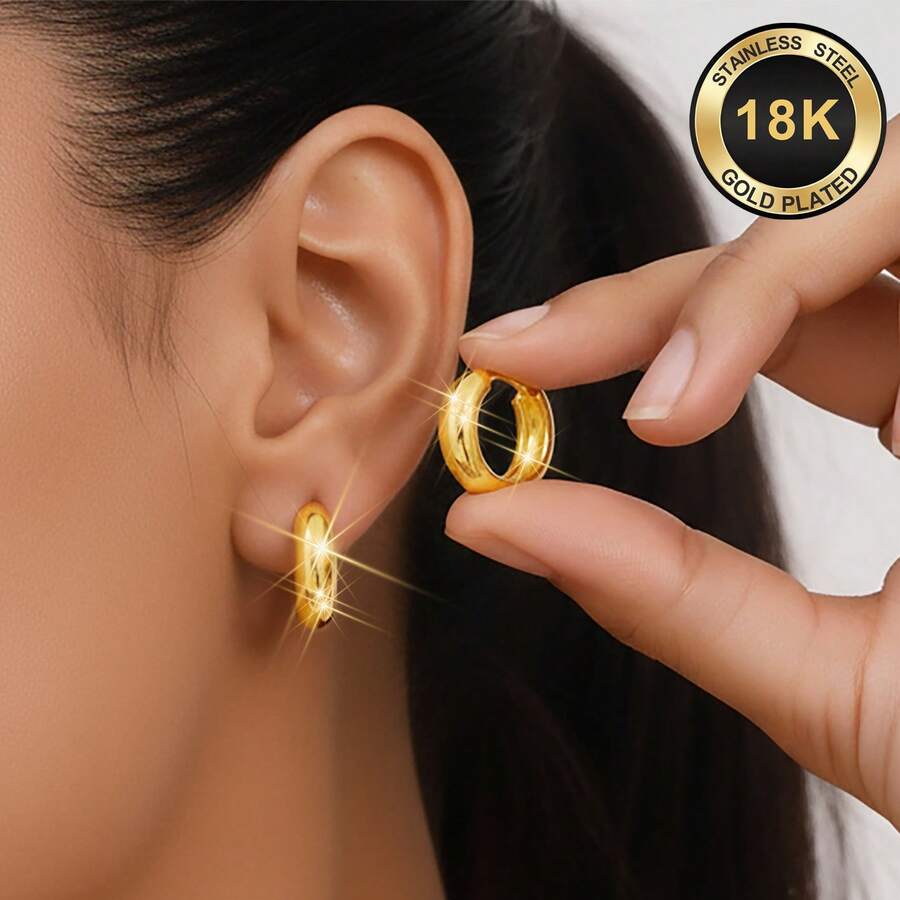 High-Quality Stainless Steel Women Hoop Earrings,18K Gold Plated Anti-Wear Anti-Fade,Hypoallergenic 316L Ear Post,Elegant Charming Fashionable Designer Simple Classic Style Unisex Jewelry Earrings For Daily Festival Vacation Parties - Gold - View 1