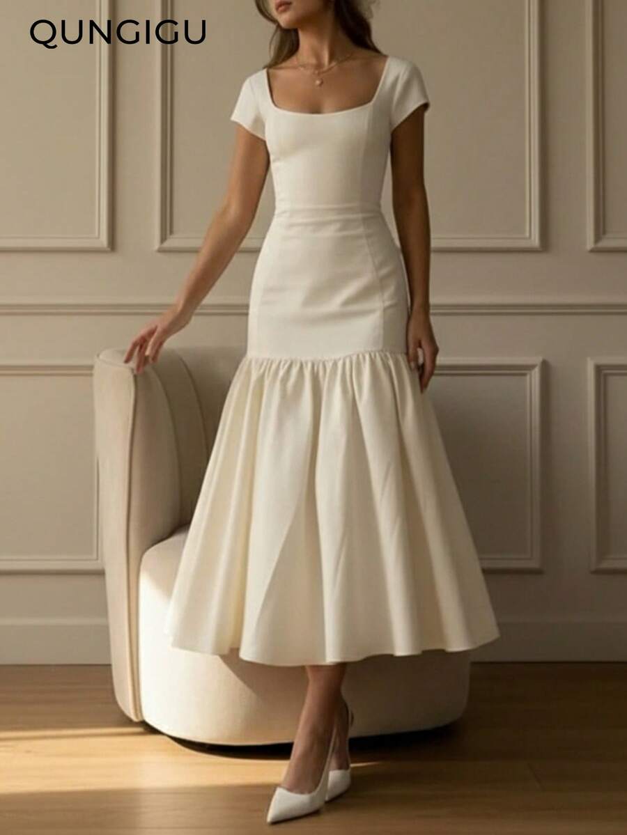 QUNGIGU 女士修身美人鱼长裙，优雅短袖美人鱼长裙，适合派对、夜店等场合，白色正式礼服，优雅晚礼服 - 白色 - 查看 1