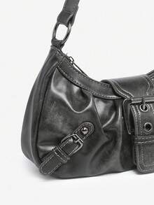 [US-Based Shipping]1pc Vintage Milady Softened Distressed Leather Motorcycle Bag With Rivet, Buckle And Folded Cloud Decoration; Suitable For Work, Commute, Dating, And Party - Xám - Xem 3