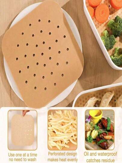 50/100 unidades Láminas de papel para freidora de aire, hojas de papel de hornear cuadradas de 7.5 pulgadas, hojas de papel de pergamino desechables con agujeros, adecuadas para freidoras de aire y vaporeras de bambú, utensilios de cocina