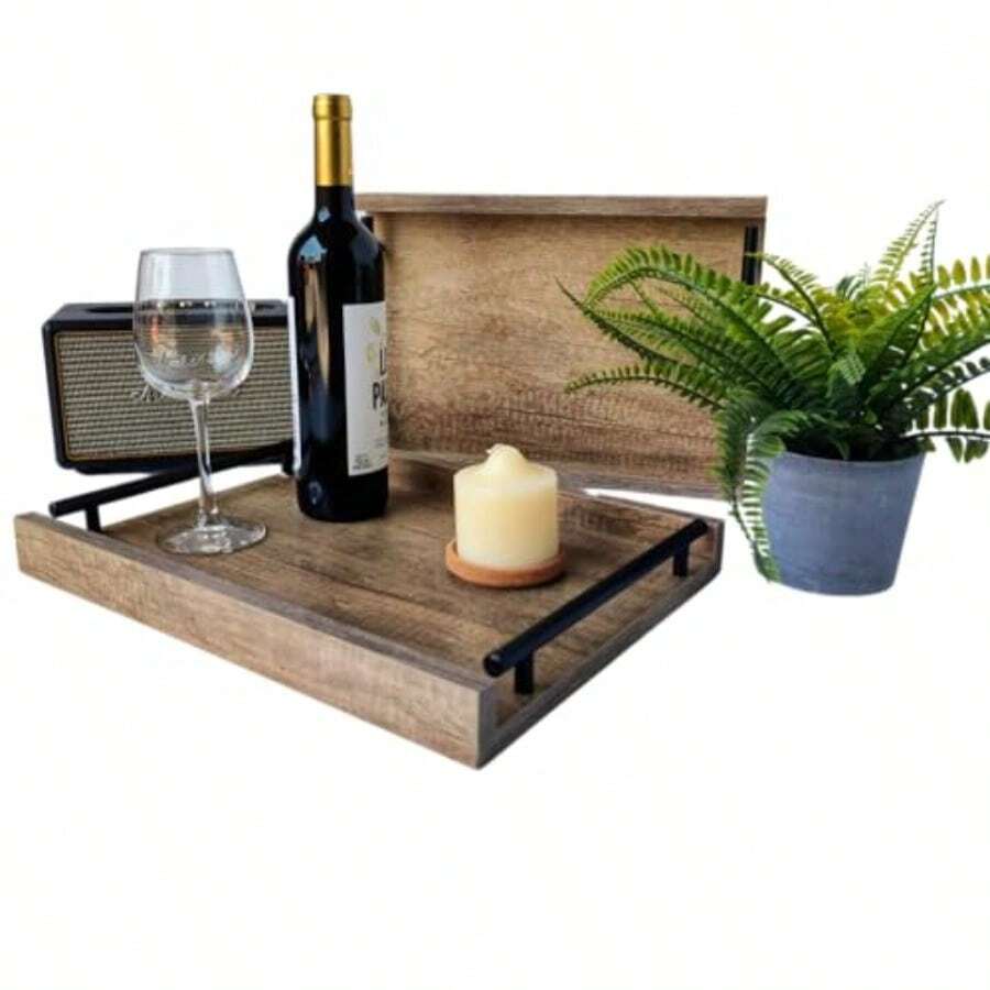 Set de 2 Bandejas de Servicio Rectangulares con Asa Acero Inoxidable y Melamina para Café Té Alimentos Decoración Estilo Vintage-B029 - Encino Vintage - Ver 1