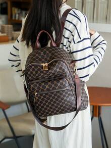 Fashionable Women Backpack, Rhombus Pattern Large Capacity Backpack, Casual Shoulder Bag, Commuter Bag, Student Backpack, Mommy Bag - Brown - View 5