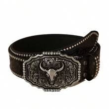 Western Polygon Bull Skull Buckle Cowboy Style PU Leather Belt, Alloy Buckle, Bohemian - A - View 6