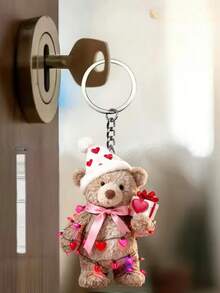 Llavero plano en forma de corazón con oso de peluche abrazando, estilo 2D acrílico, regalo del Día de San Valentín, colgante para mochila - Multicolor - Ver 1