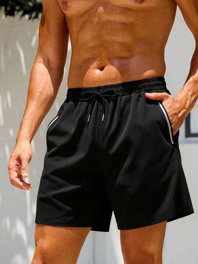 Men's Casual Solid Color Drawstring Beach Shorts, Breathable Streetwear Sporty Daily Commute