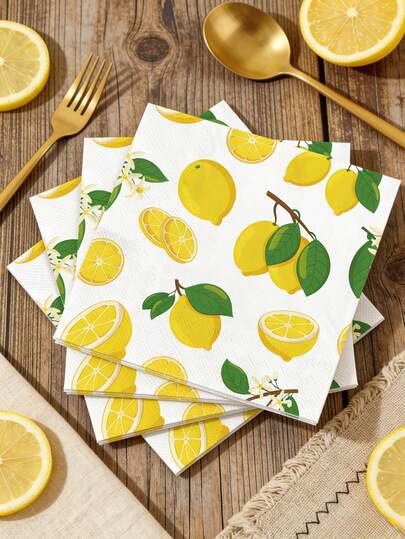 20张33*33厘米/12.99*12.99英寸清新柠檬主题纸巾 - 纸质，清爽夏日风格，白色背景，手绘柠檬和花卉图案，适合夏季野餐、与朋友享用下午茶、清新主题派对和日常使用。