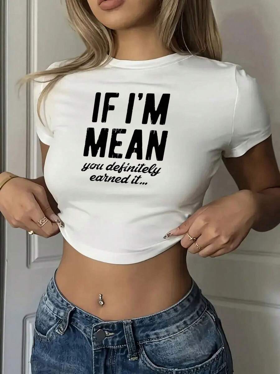 Creative Pattern Women's Short Sleeve Crop Top - Sexy Slim Waist-Exposing, Round Neck, Lightweight & Breathable, Casual Elegant Printed T-Shirt - 白色 - 查看 1