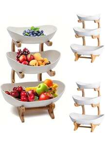 1pc 3-Tier White Fruit Tray With Wooden Stand, Kitchen Vegetable & Fruit Basket Bowl, Refrigerator Ice Tray Alternative - White - View 2