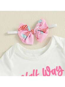 Half Way To One Newborn Baby Girls Birthday Outfits Letter Print Romper Bodysuit Top + Strawberry/Ice Cream/Orange/Watermelon Print Shorts + Bow Headband 3Pcs Clothes Set - 珊瑚粉 - 查看 6