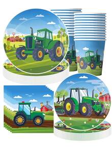 10pcs Tractor Theme Birthday Party Supplies Disposable Tableware Set, Includes 7/9 Inch Paper Plates, 9oz Paper Cups, Napkins, Suitable For Tractor Theme Party Decoration, Birthday Party, Spring Event Party, Holiday Party Supplies - Multicolor - View 1