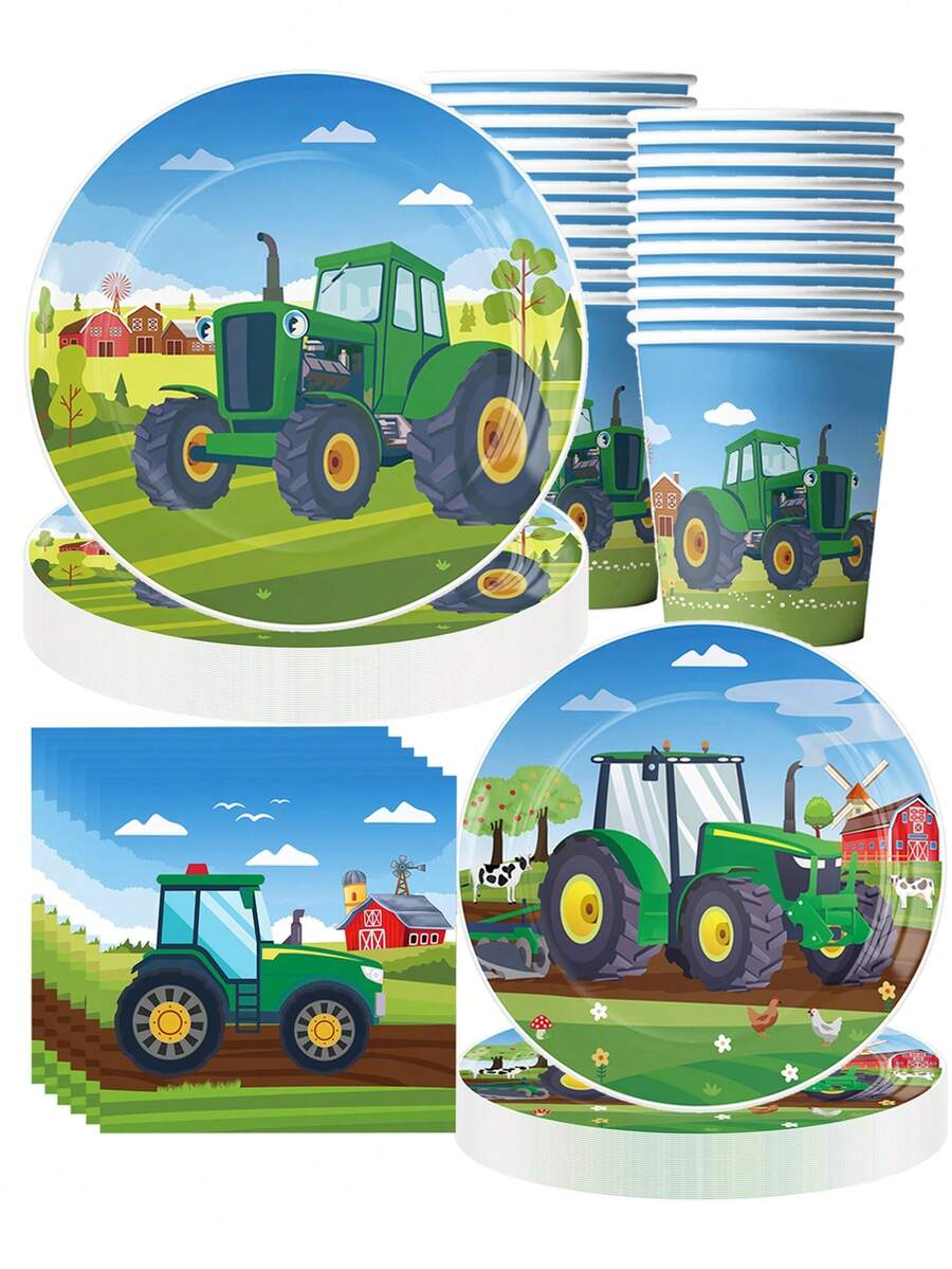 10pcs Tractor Theme Birthday Party Supplies Disposable Tableware Set, Includes 7/9 Inch Paper Plates, 9oz Paper Cups, Napkins, Suitable For Tractor Theme Party Decoration, Birthday Party, Spring Event Party, Holiday Party Supplies - Multicolor - View 1