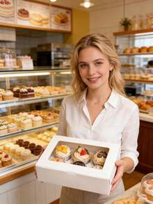 5个/1个装纸杯蛋糕盒，9.4x6.1x3.14英寸，6个装纸杯蛋糕盒，白色纸杯蛋糕容器，带透明窗口和六个甜点托架，糕点饼干盒，烘焙盒 - 白色 - 查看 13