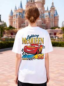 Disney Women's T-Shirt Featuring A Double-Sided Print Of Lightning McQueen From Cars With The Number "95." Made From Soft, Comfortable, And Durable 100% Cotton Fabric. This Spring/Summer Women's Crew Neck T-Shirt Is Perfect For Everyday Wear, Shopping, Parties, Travel, And Gatherings. It Also Makes An Excellent Gift. - White - View 3