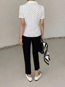 Vera Lane 女士夏季波点衬衫，韩版休闲优雅学院风单排扣短袖波点上衣，适合假日、情人节和狂欢节穿着。 - 白色 - 查看 6