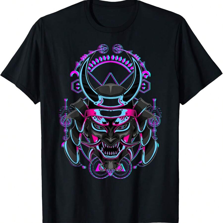 Camiseta con máscara facial de demonio samurái Oni japonés con fallo - Negro 3 - Ver 1