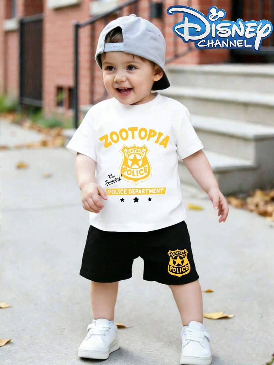 Unisex Baby's Disney Zootopia Badge Pattern Casual Short-Sleeved Crew Neck T-Shirt And Shorts Set, Perfect For Summer Wear. - trắng - Xem 1